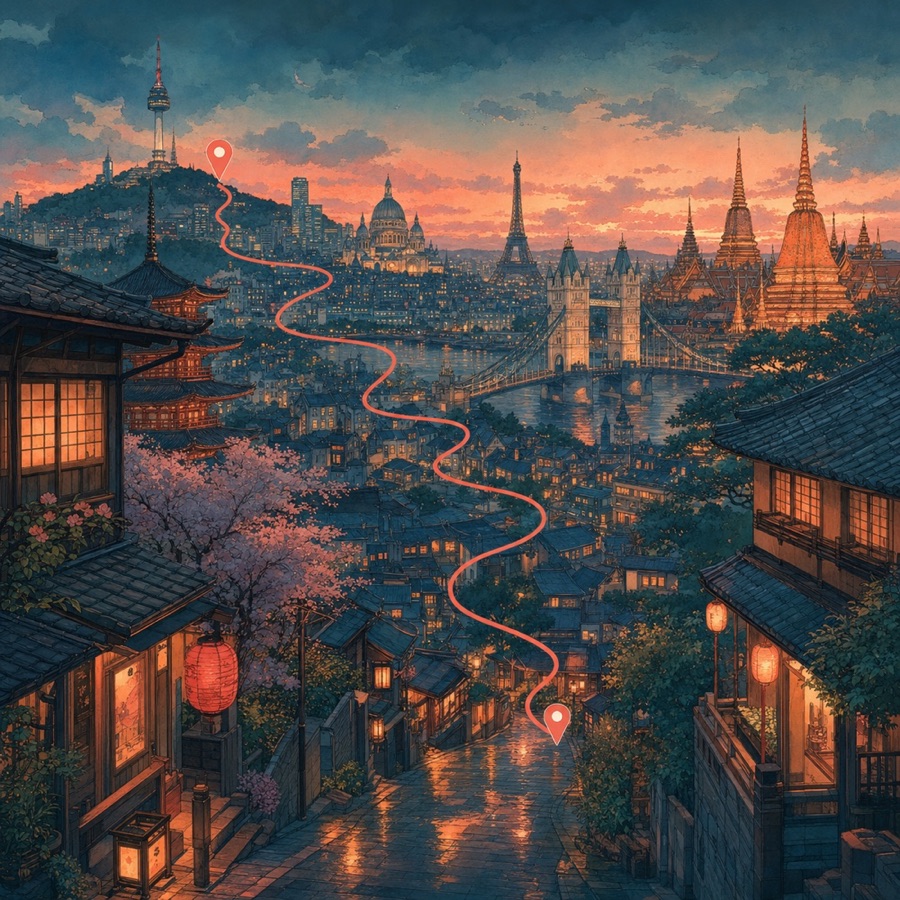 Hand-painted evening cityscape connected by a coral travel route